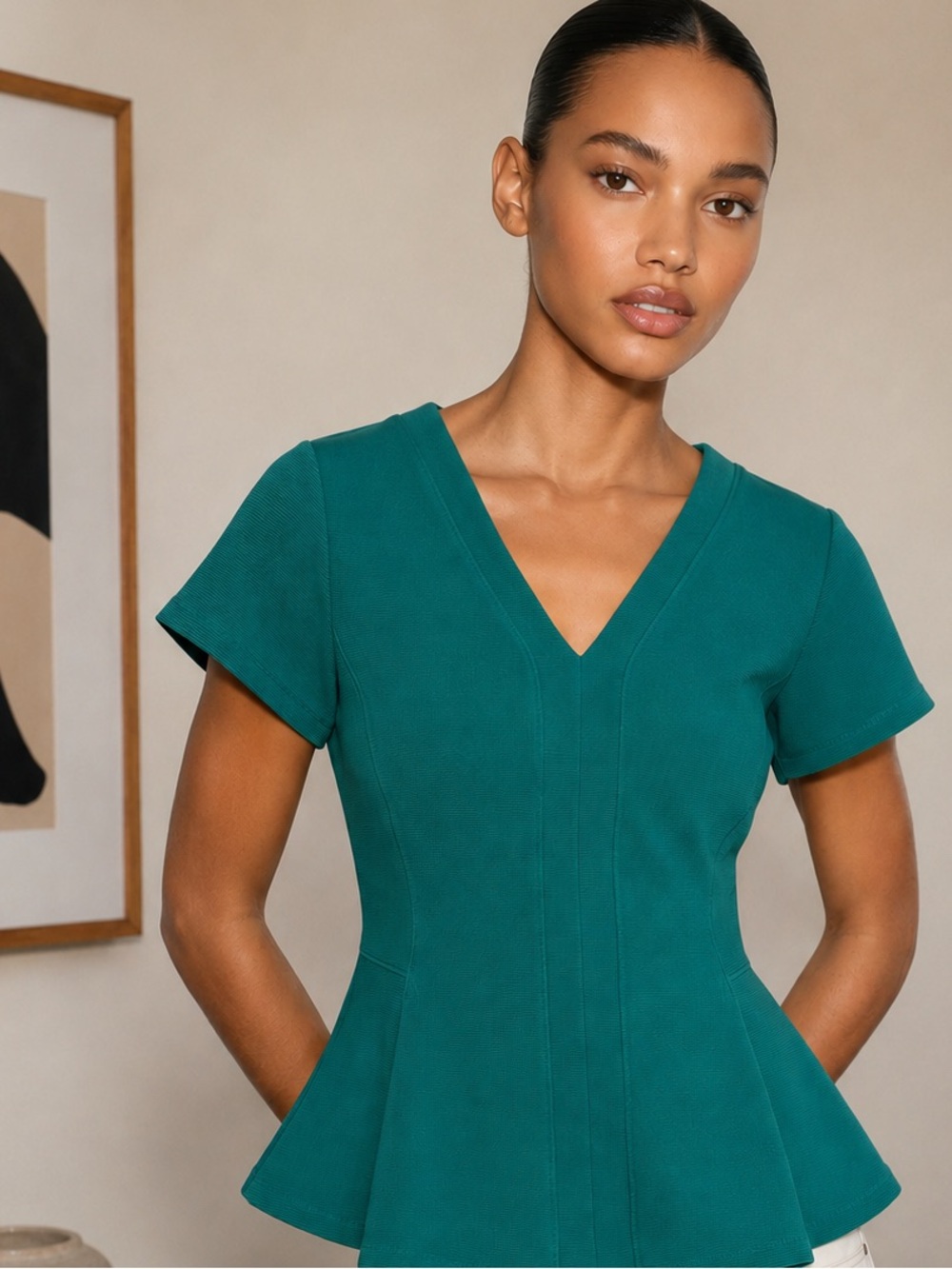 Halogen Jade Green Peplum Top | Textured Short Sleeve V-Neck Blouse | Size M